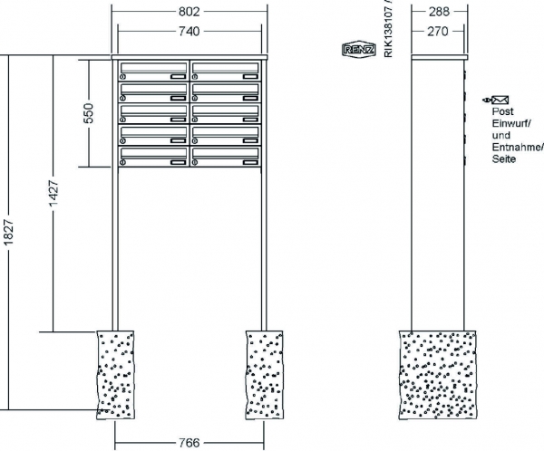 RENZ Briefkastenanlage freistehend, Tetro, Kastenformat 370x110x270mm, 10-teilig, zum Einbetonieren